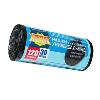 Мешки для мусора 120 л, с ушками, черные, в рулоне 30 шт., ПНД, 15 мкм, 1100х700 мм, Крепак, 4607075710375 в Екатеринбурге