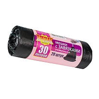 Мешки для мусора 30 л, с завязками, черные, в рулоне 20 шт., ПНД, 12 мкм, 580х500 мм, Крепак, 4607075710306 в Екатеринбурге